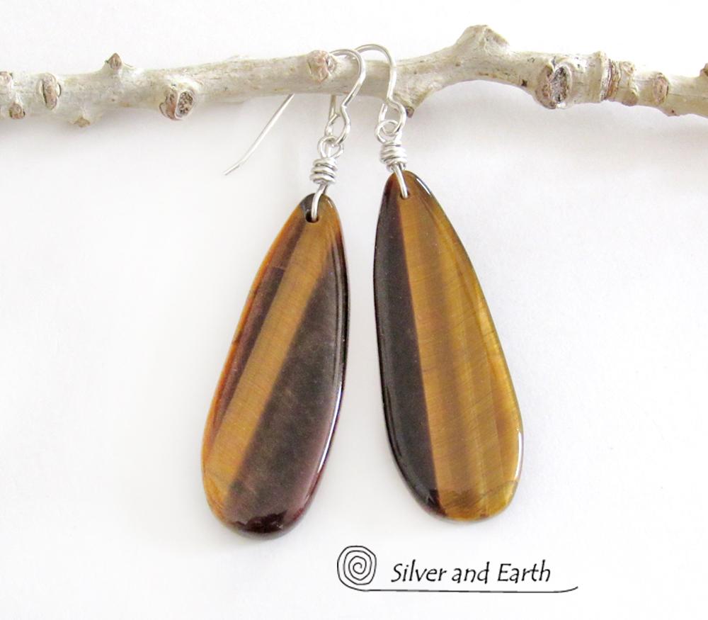 Golden Brown Tiger's Eye Gemstone Earrings - Natural Stone Jewelry