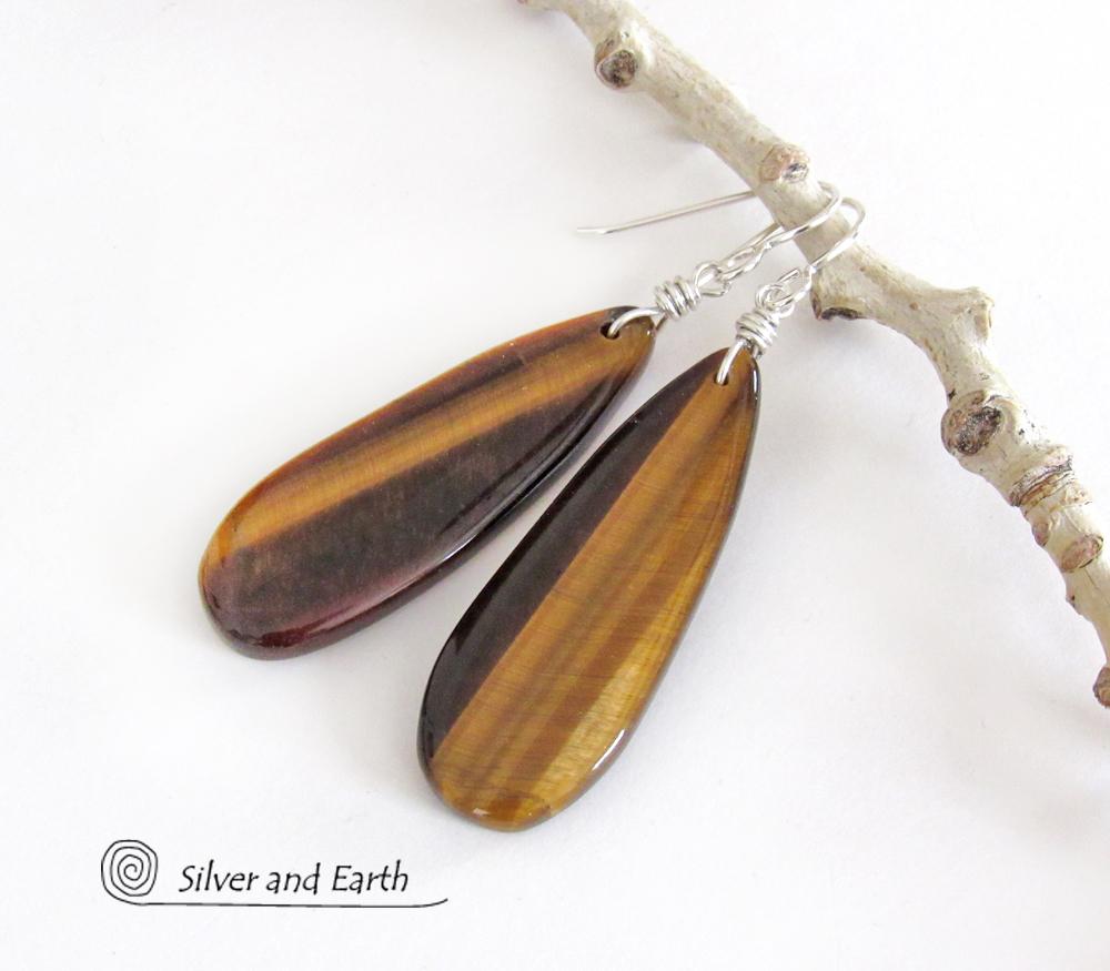 Golden Brown Tiger's Eye Gemstone Earrings - Natural Stone Jewelry
