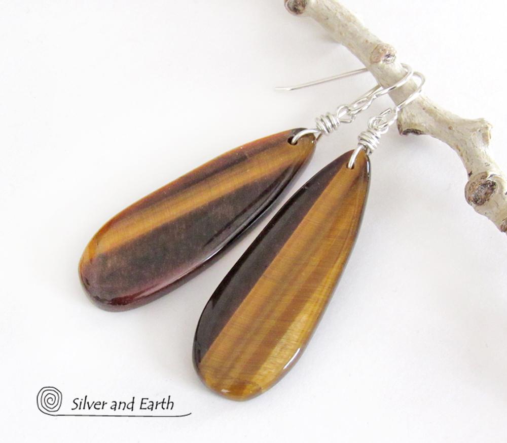 Golden Brown Tiger's Eye Gemstone Earrings - Natural Stone Jewelry