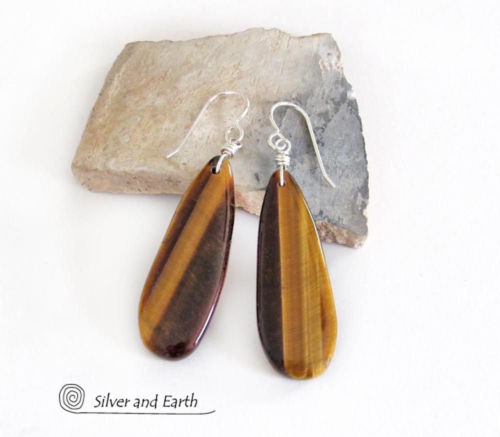 Golden Brown Tiger's Eye Gemstone Earrings - Natural Stone Jewelry