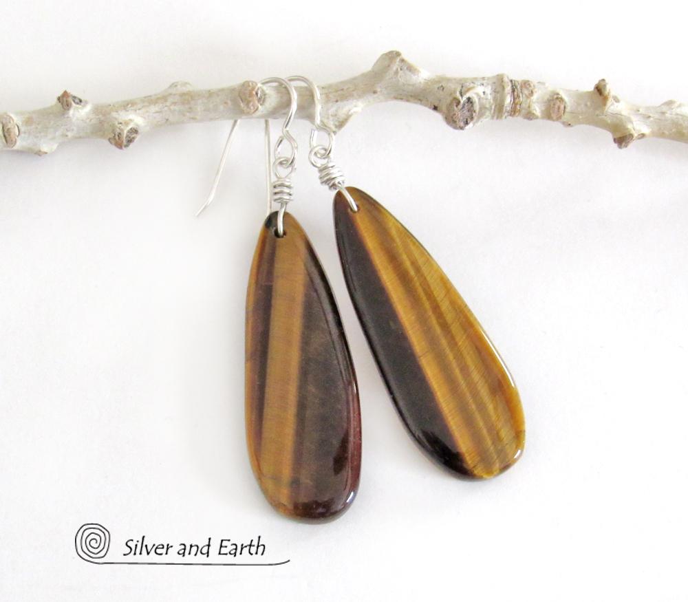 Golden Brown Tiger's Eye Gemstone Earrings - Natural Stone Jewelry