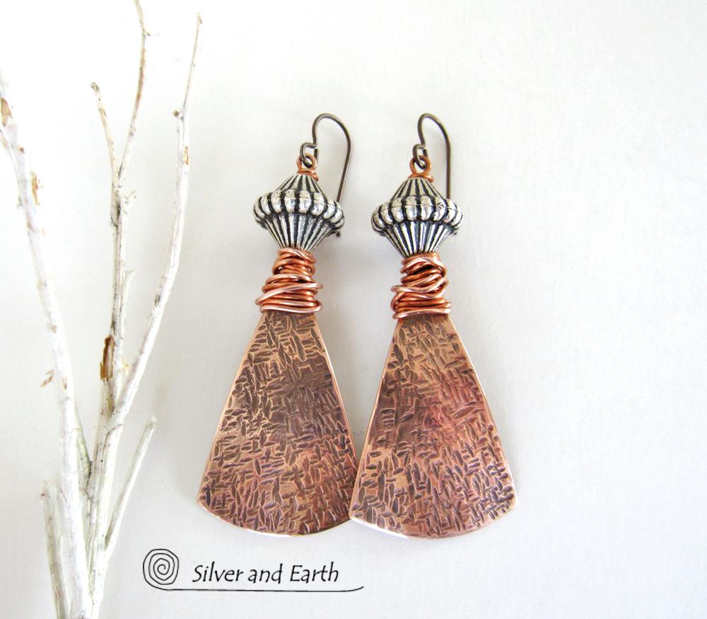 Bohemian Tribal Copper Earrings with Silver Beads - Unique Mixed Metal Jewelry