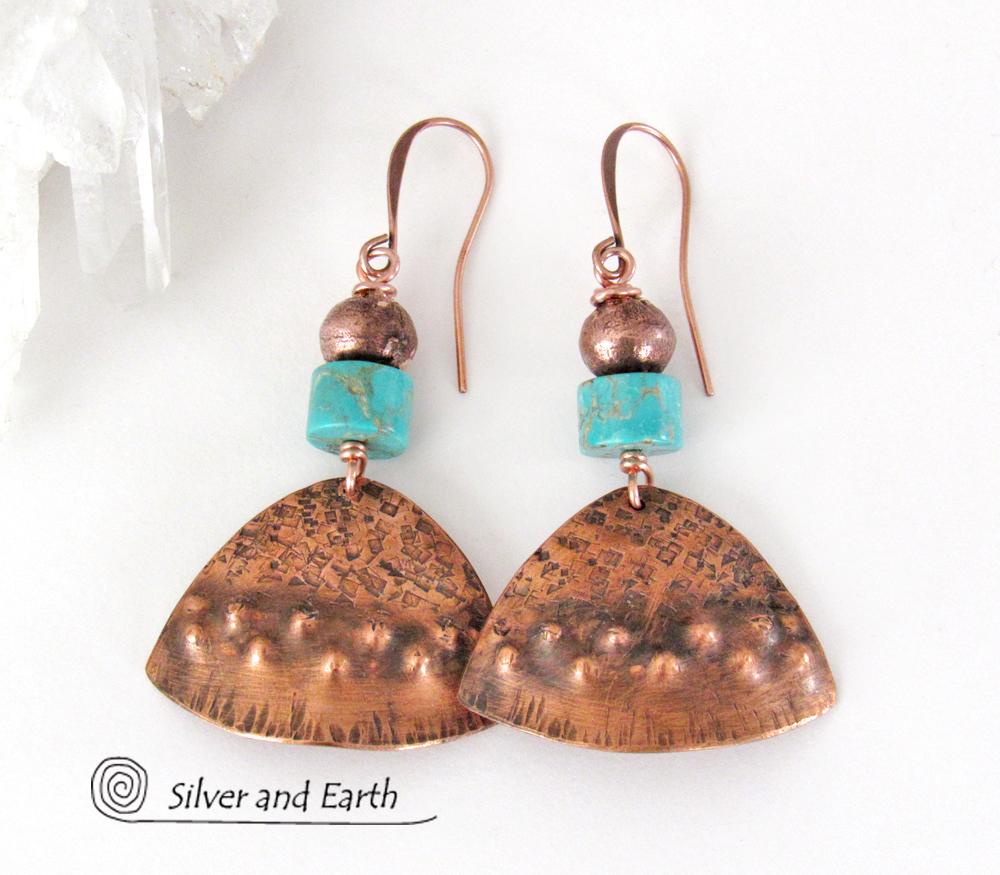 Textured Copper Earrings with Turquoise Stones - Tribal Southwestern Jewelry