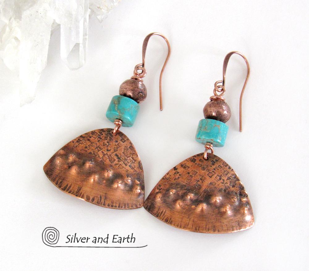 Textured Copper Earrings with Turquoise Stones - Tribal Southwestern Jewelry