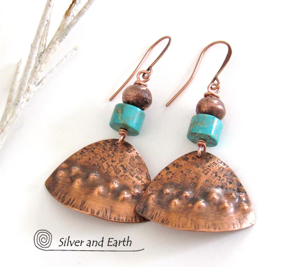 Textured Copper Earrings with Turquoise Stones - Tribal Southwestern Jewelry