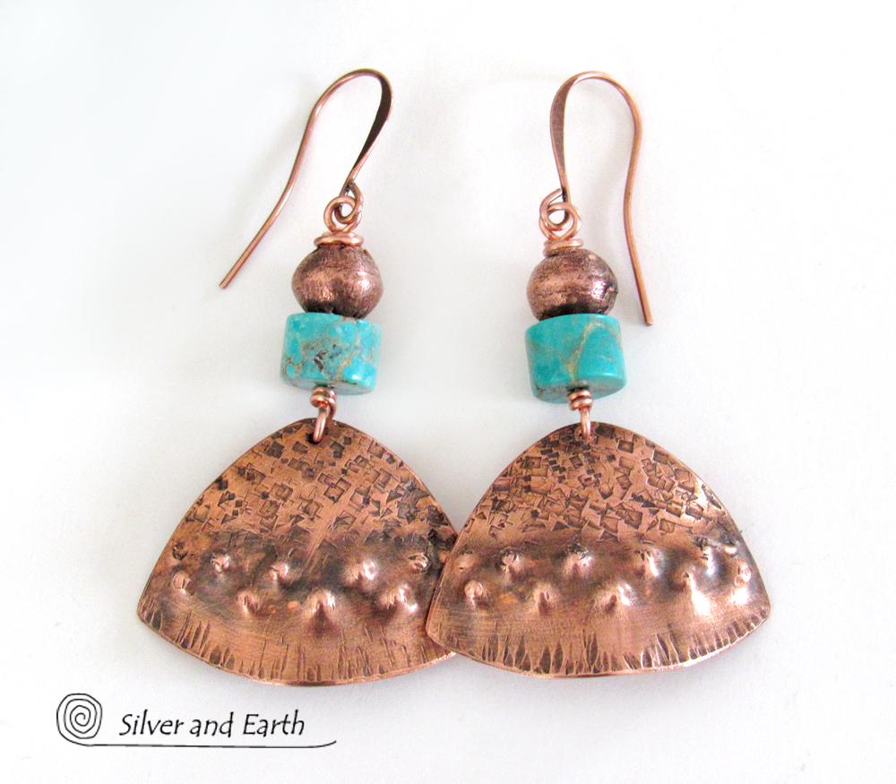 Textured Copper Earrings with Turquoise Stones - Tribal Southwestern Jewelry