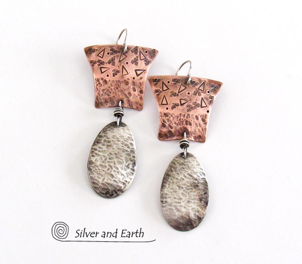 Sterling Silver & Copper Mixed Metal Earrings - Modern Contemporary Jewelry