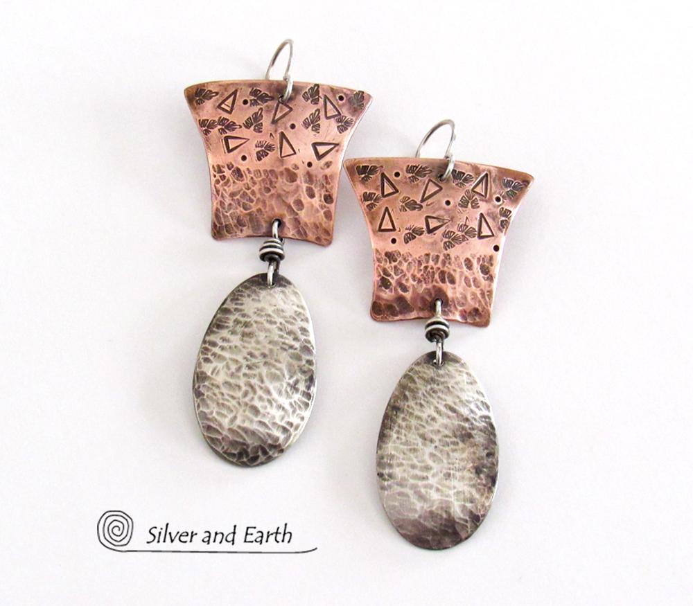 Sterling Silver Copper Mixed Metal Earrings Modern Jewelry