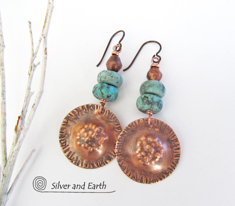 Boho Tribal Copper Earrings with Turquoise - Unique Artisan Handmade Jewelry