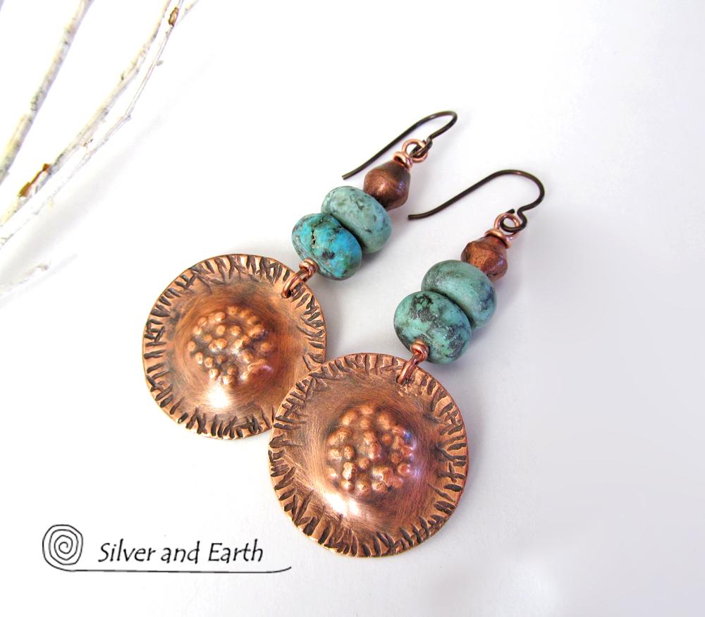 Boho Tribal Copper Earrings with Turquoise - Unique Artisan Handmade Jewelry