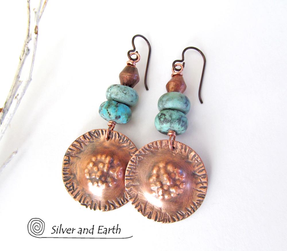 Boho Tribal Copper Earrings with Turquoise - Unique Artisan Handmade Jewelry