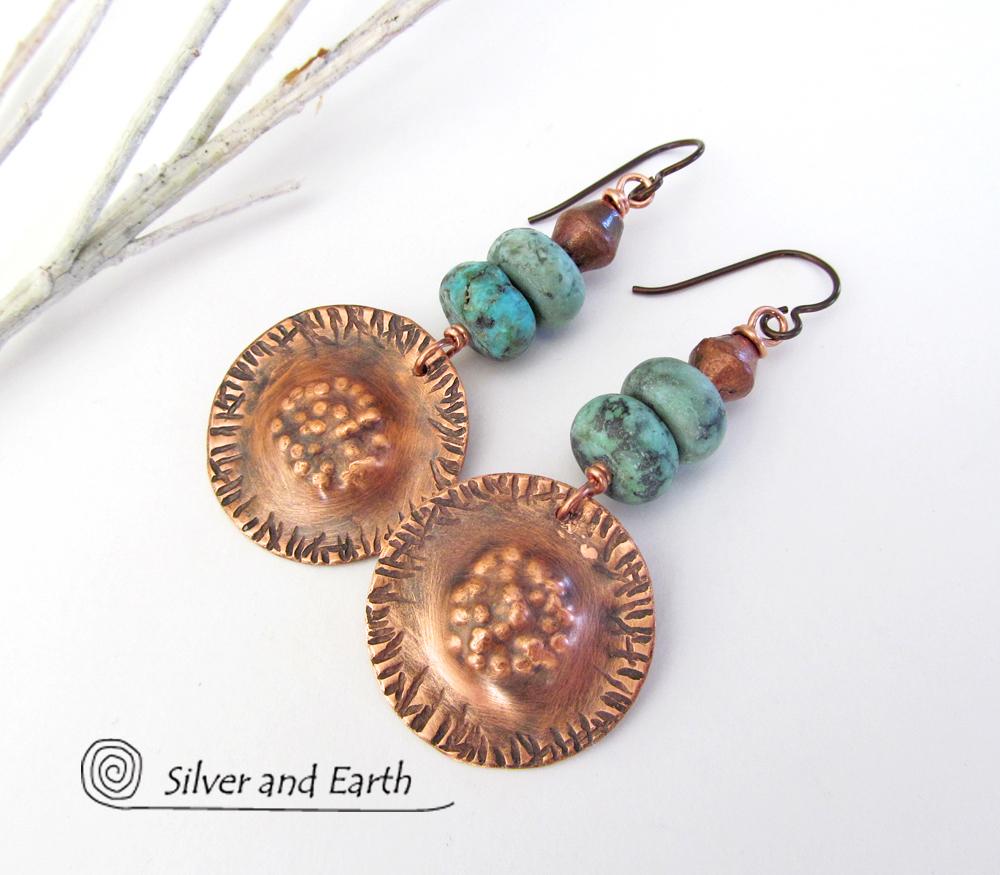 Boho Tribal Copper Earrings with Turquoise - Unique Artisan Handmade Jewelry