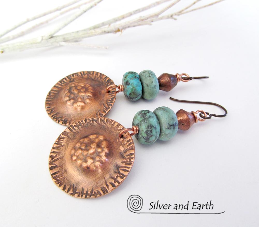 Boho Tribal Copper Earrings with Turquoise - Unique Artisan Handmade Jewelry