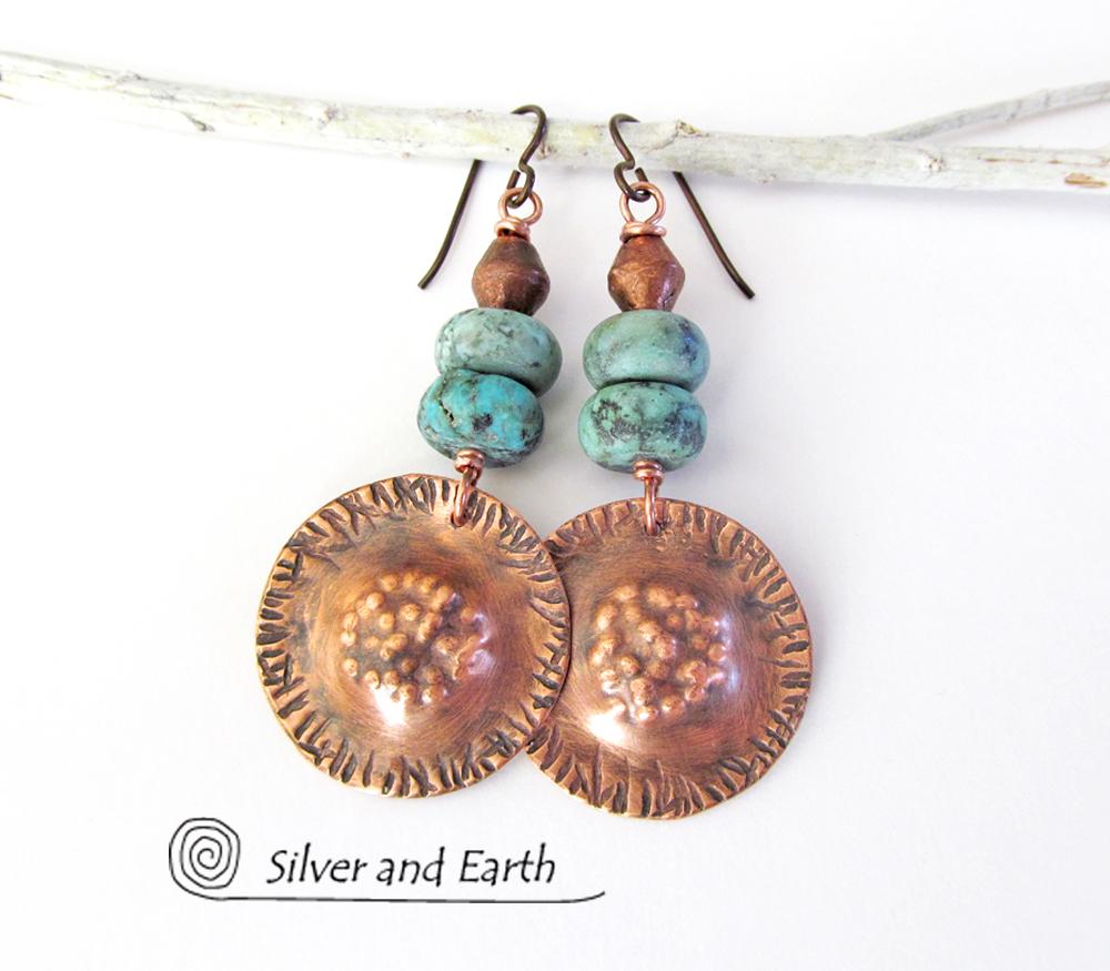 Boho Tribal Copper Earrings with Turquoise - Unique Artisan Handmade Jewelry