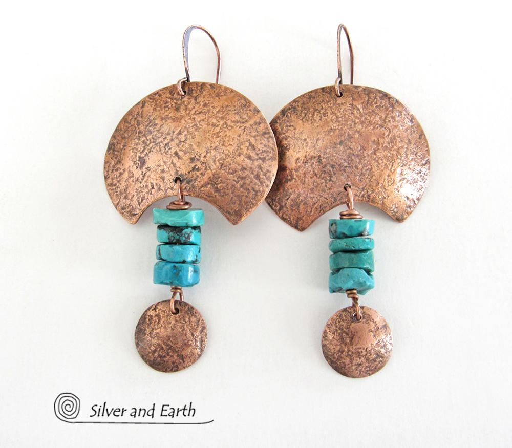 Copper Crescent Moon Earrings with Turquoise - Boho Chic Tribal Jewelry
