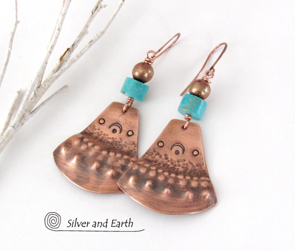 Copper & Turquoise Bohemian Earrings - Unique Boho Tribal Jewelry