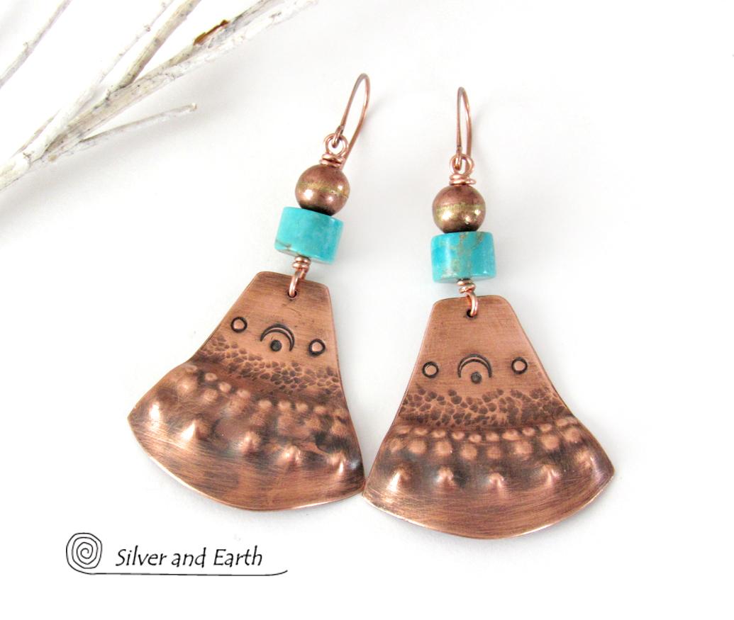 Copper & Turquoise Bohemian Earrings - Unique Boho Tribal Jewelry