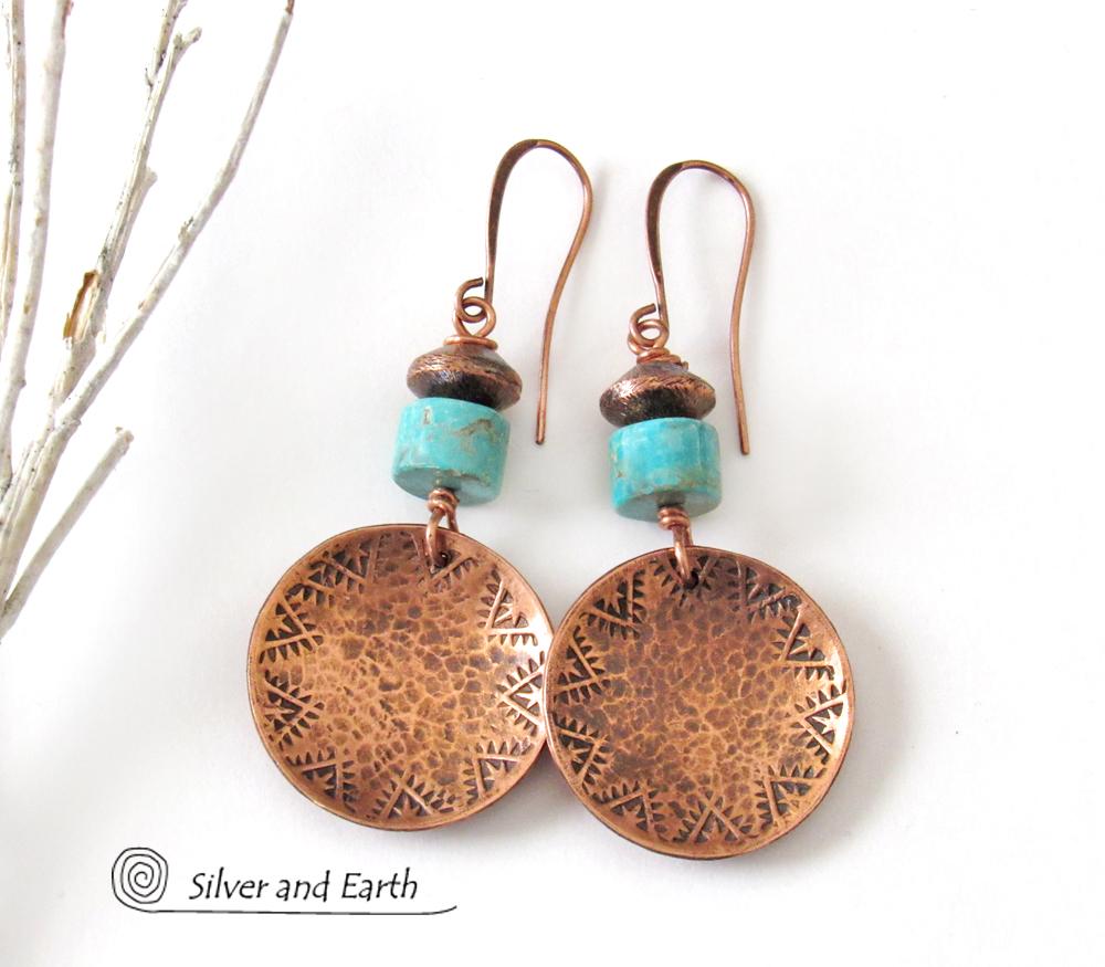 Round Copper Dangle Earrings with Turquoise Stones - Boho Southwestern Jewelry