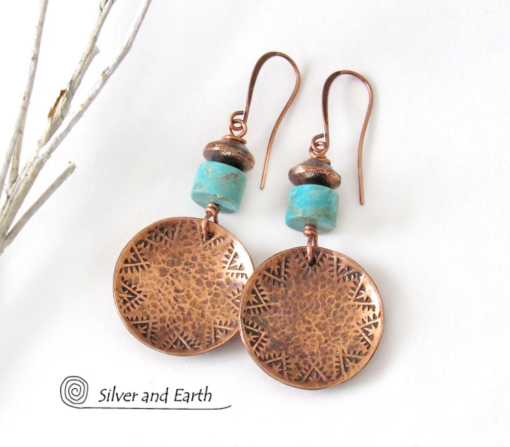 Round Copper Dangle Earrings with Turquoise Stones - Boho Southwestern Jewelry