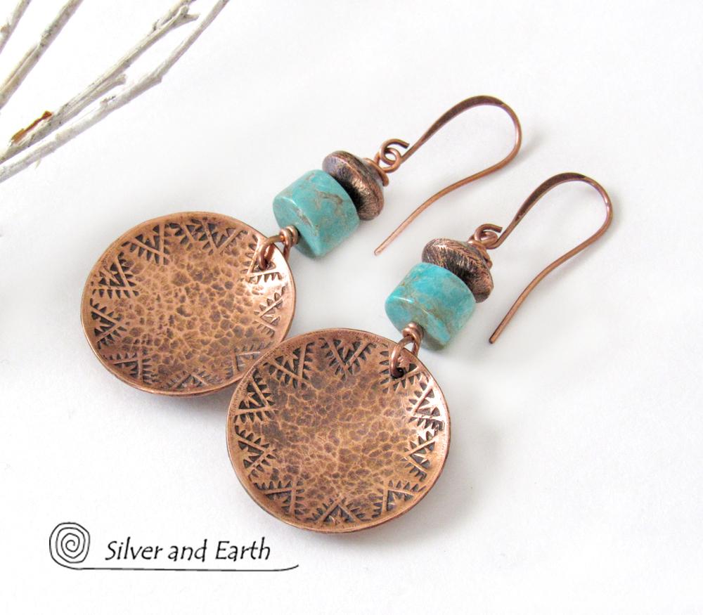 Round Copper Dangle Earrings with Turquoise Stones - Boho Southwestern Jewelry