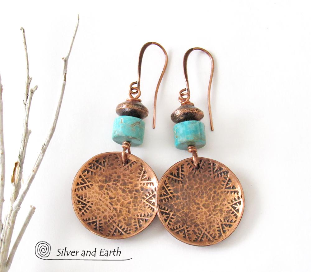 Round Copper Dangle Earrings with Turquoise Stones - Boho Southwestern Jewelry