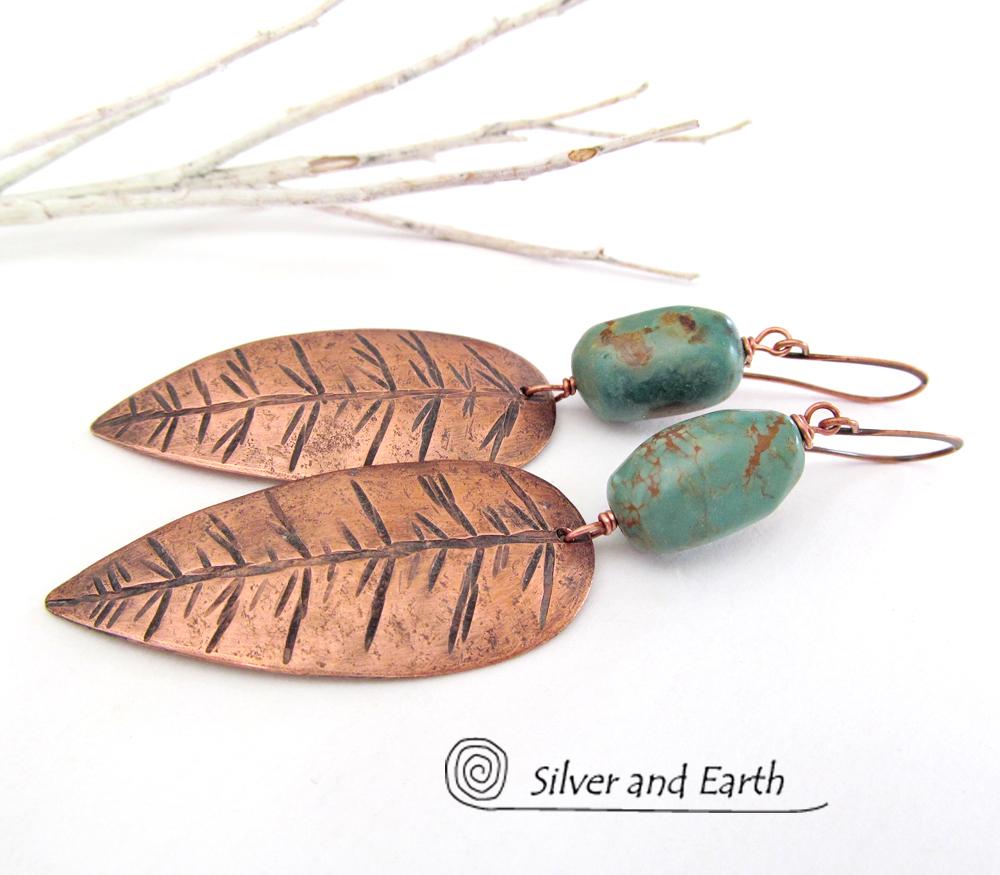 Copper Feather Earrings with Turquoise - Modern Southwestern Jewelry