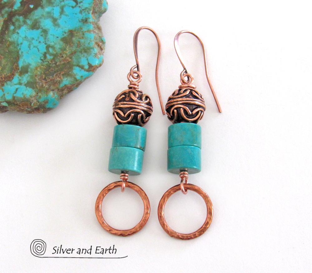 Round Hammered Copper Dangle Earrings with Turquoise Stones & Filigree Beads