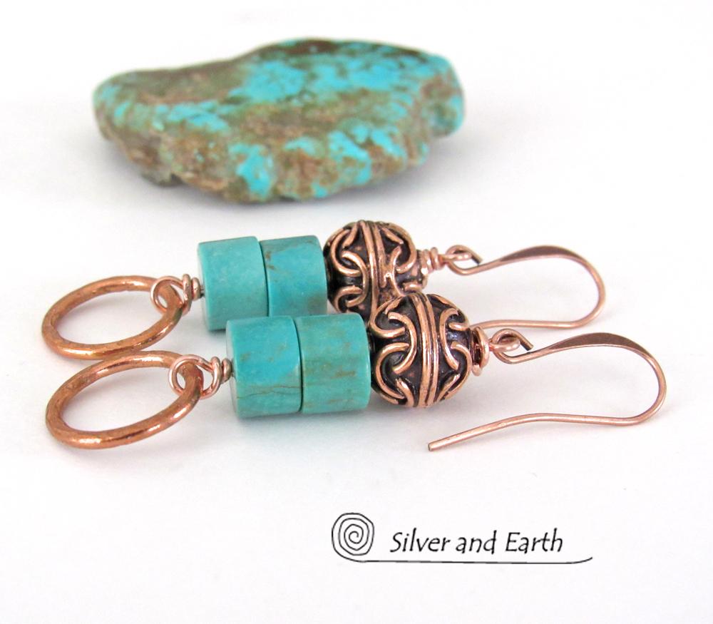 Round Hammered Copper Dangle Earrings with Turquoise Stones & Filigree Beads