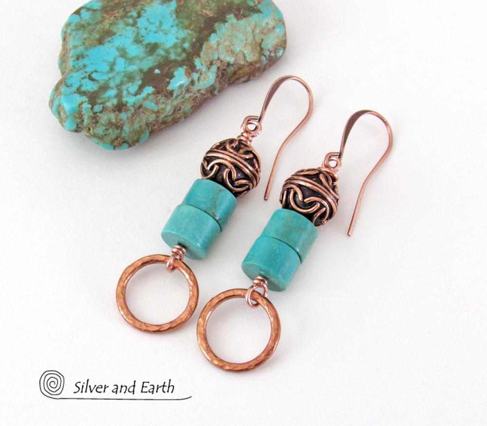 Round Hammered Copper Dangle Earrings with Turquoise Stones & Filigree Beads