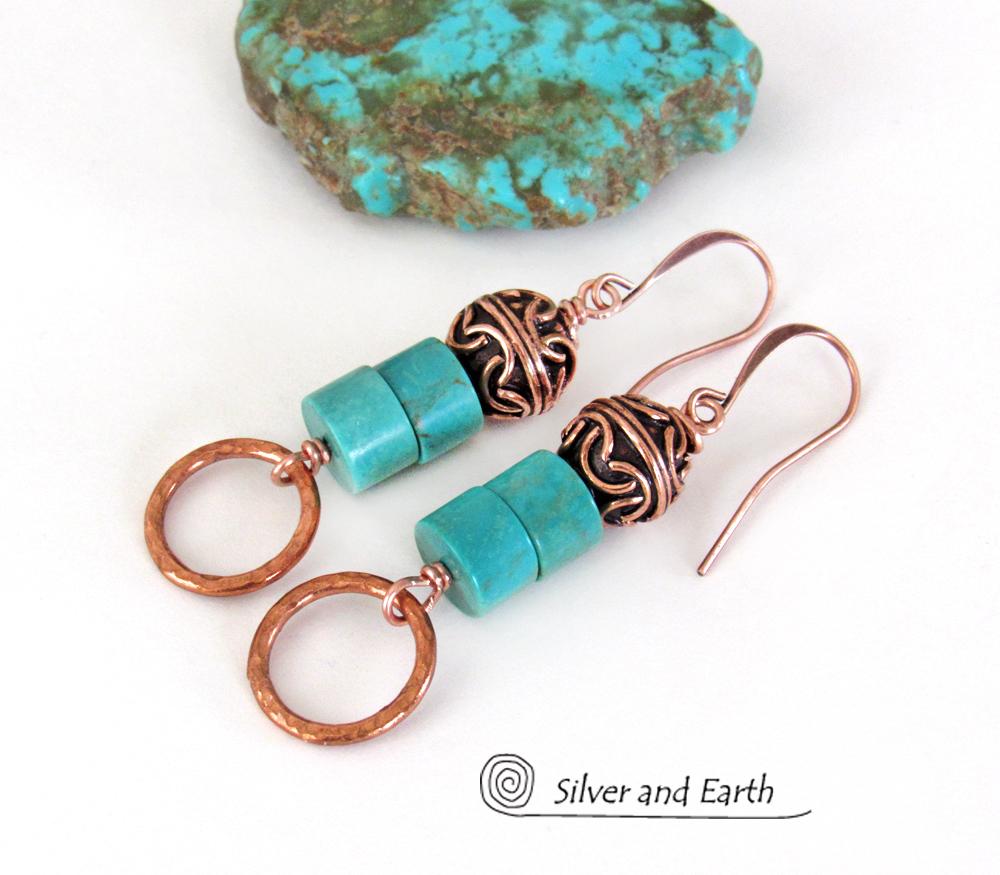 Round Hammered Copper Dangle Earrings with Turquoise Stones & Filigree Beads