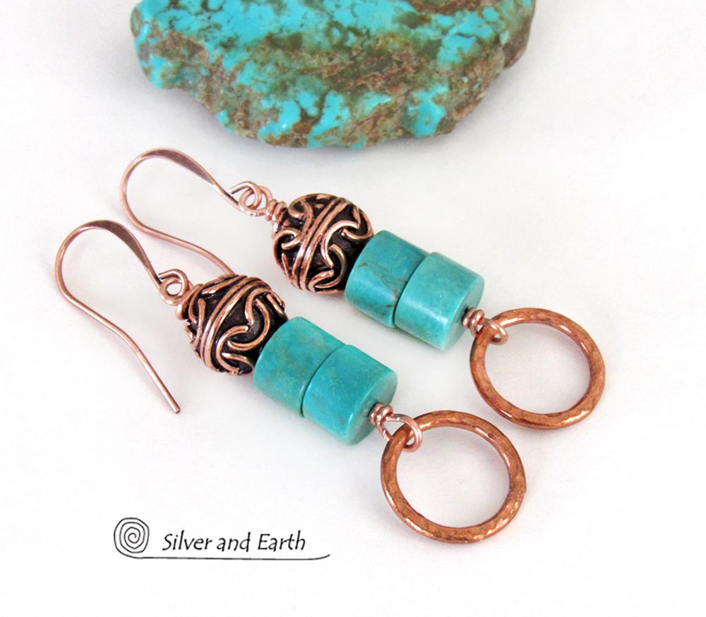 Round Hammered Copper Dangle Earrings with Turquoise Stones & Filigree Beads