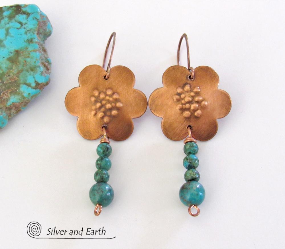 Copper Flower Earrings with Dangling Turquoise - Earthy Nature Jewelry