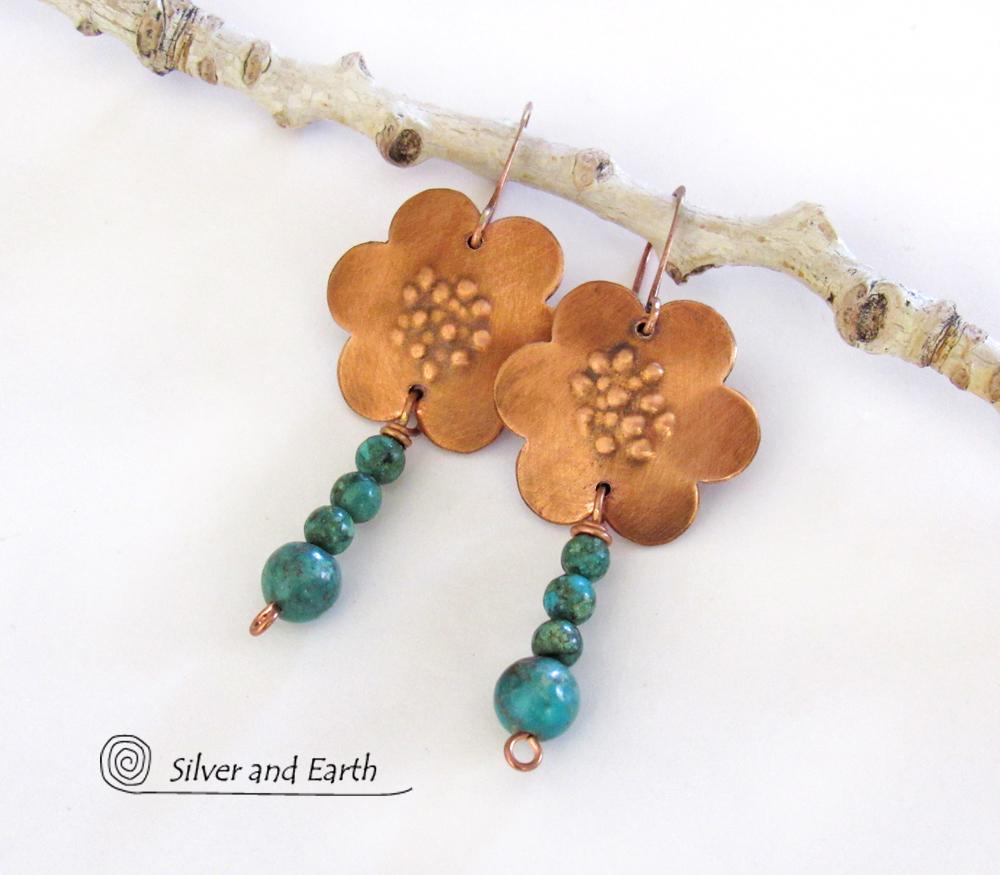 Copper Flower Earrings with Dangling Turquoise - Earthy Nature Jewelry