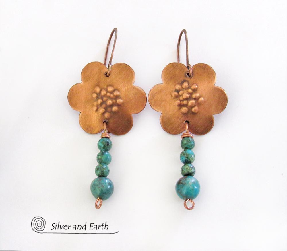 Copper Flower Earrings with Dangling Turquoise - Earthy Nature Jewelry