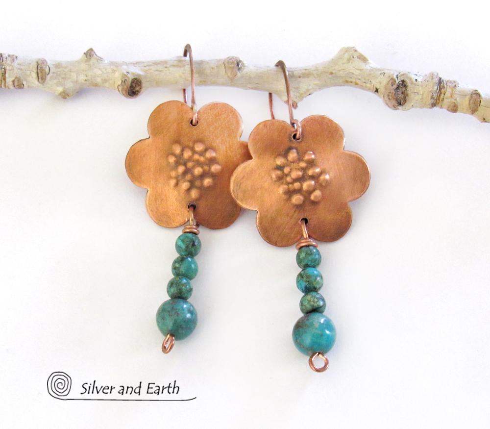 Copper Flower Earrings with Dangling Turquoise - Earthy Nature Jewelry