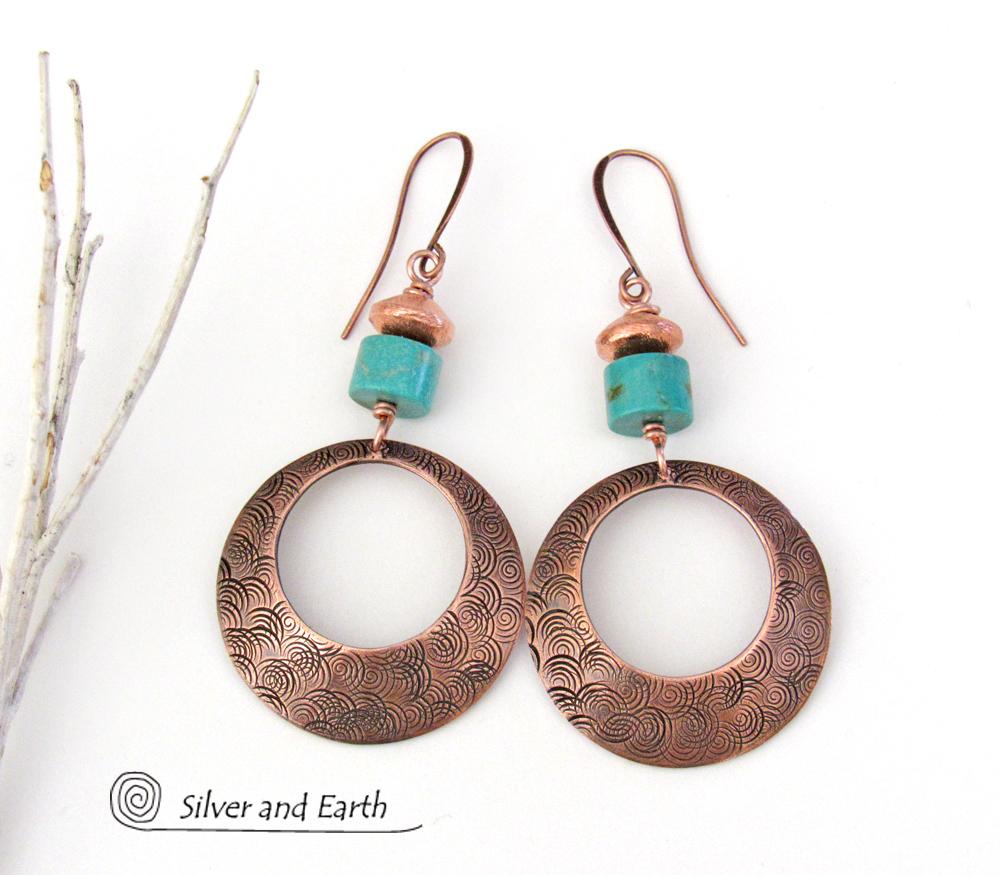 Textured Round Copper Hoop Dangle Earrings with Turquoise Stones