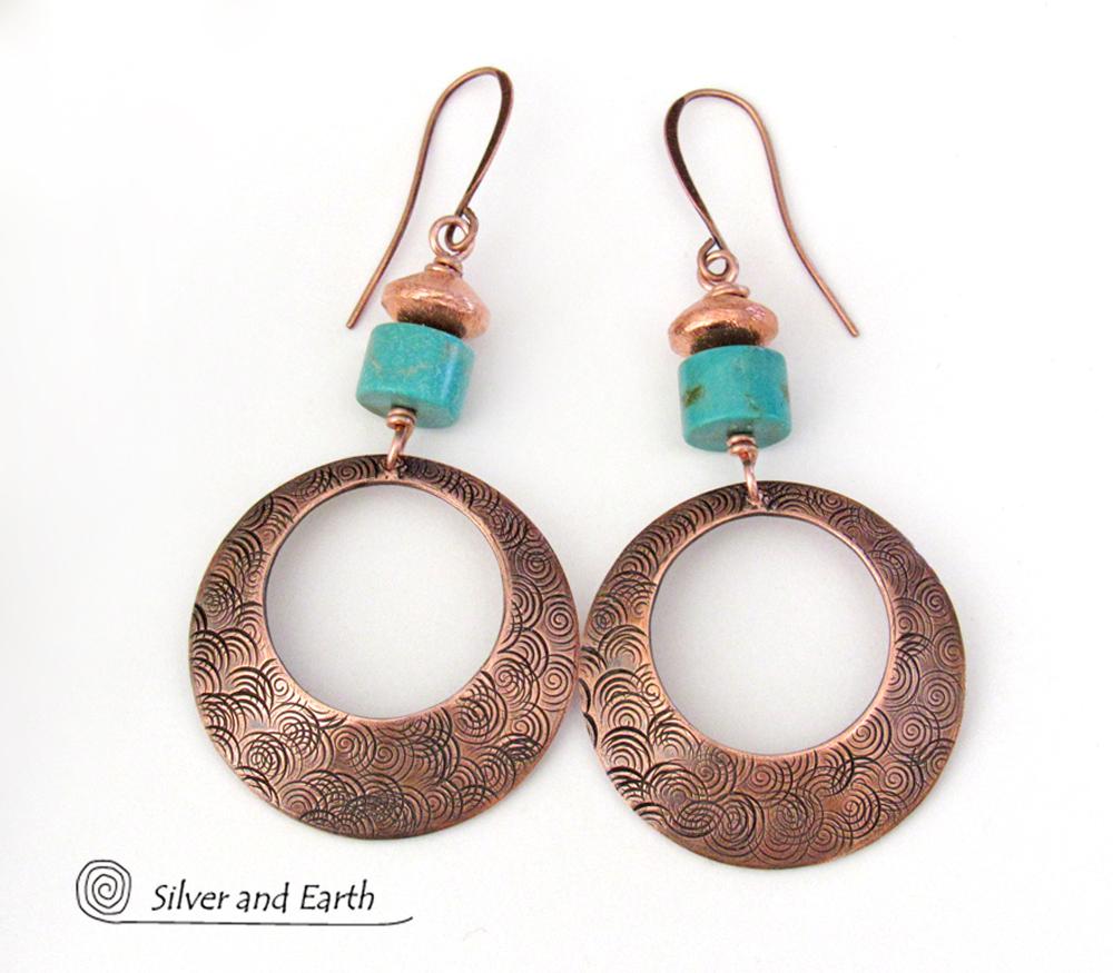 Textured Round Copper Hoop Dangle Earrings with Turquoise Stones