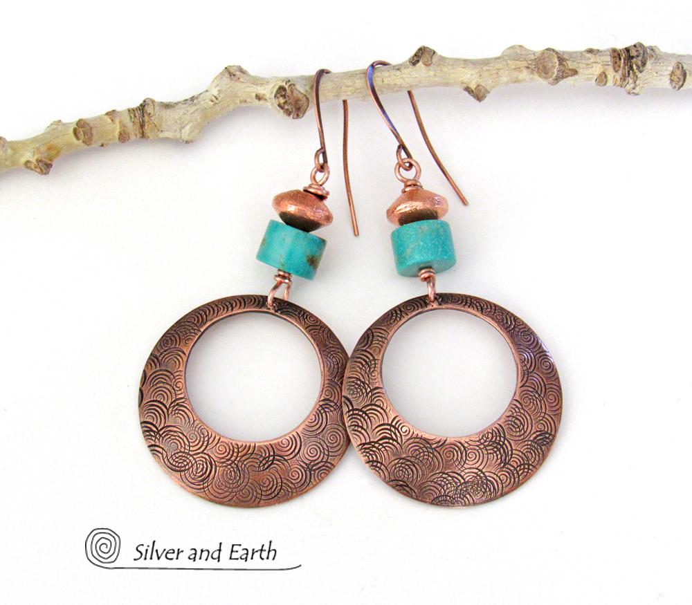Textured Round Copper Hoop Dangle Earrings with Turquoise Stones