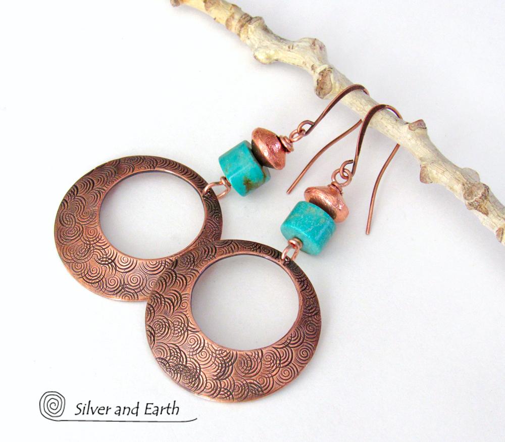 Textured Round Copper Hoop Dangle Earrings with Turquoise Stones