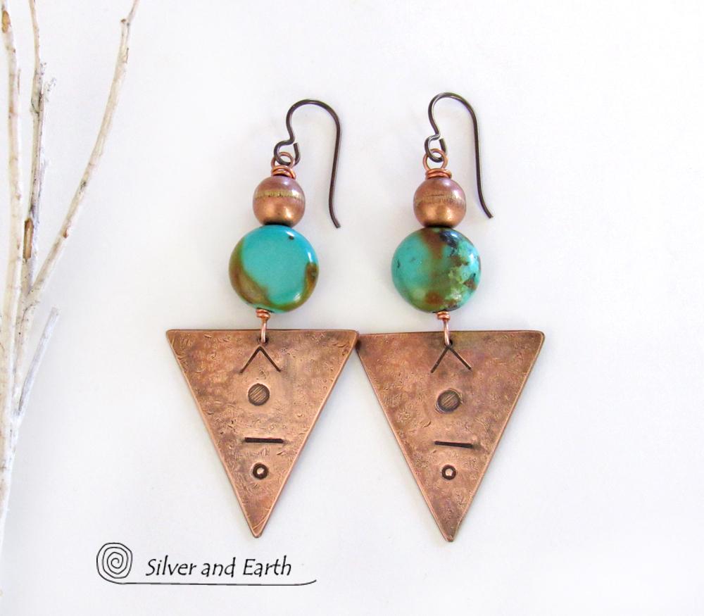Copper Triangle Earrings with Natural Turquoise Stones - Modern Tribal Jewelry