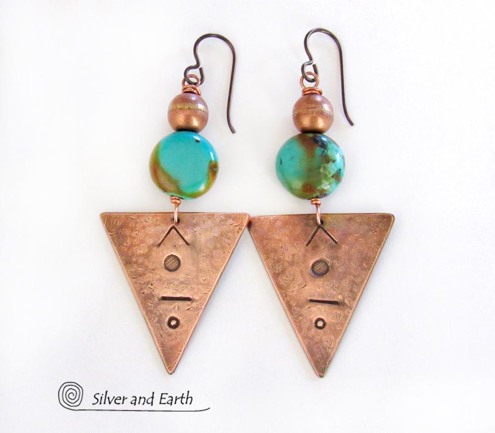 Copper Triangle Earrings with Natural Turquoise Stones - Modern Tribal Jewelry