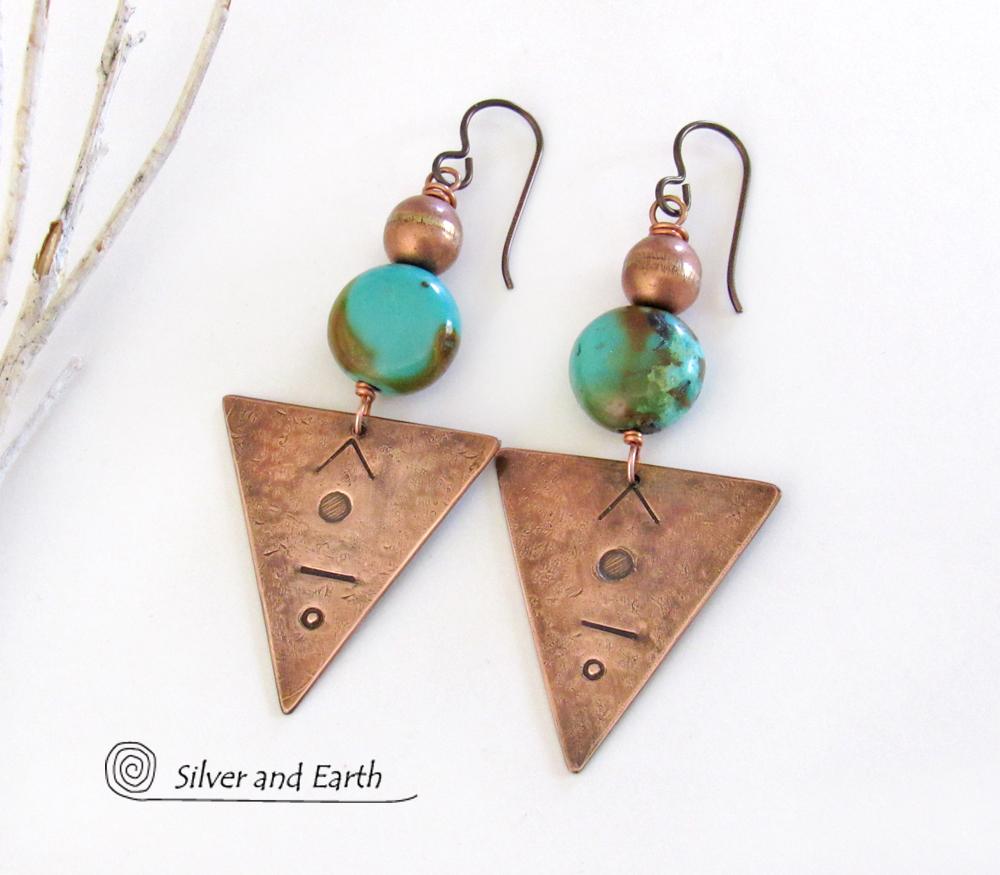 Copper Triangle Earrings with Natural Turquoise Stones - Modern Tribal Jewelry