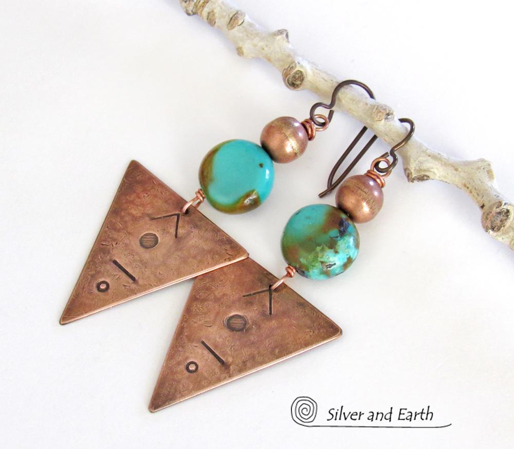 Copper Triangle Earrings with Natural Turquoise Stones - Modern Tribal Jewelry