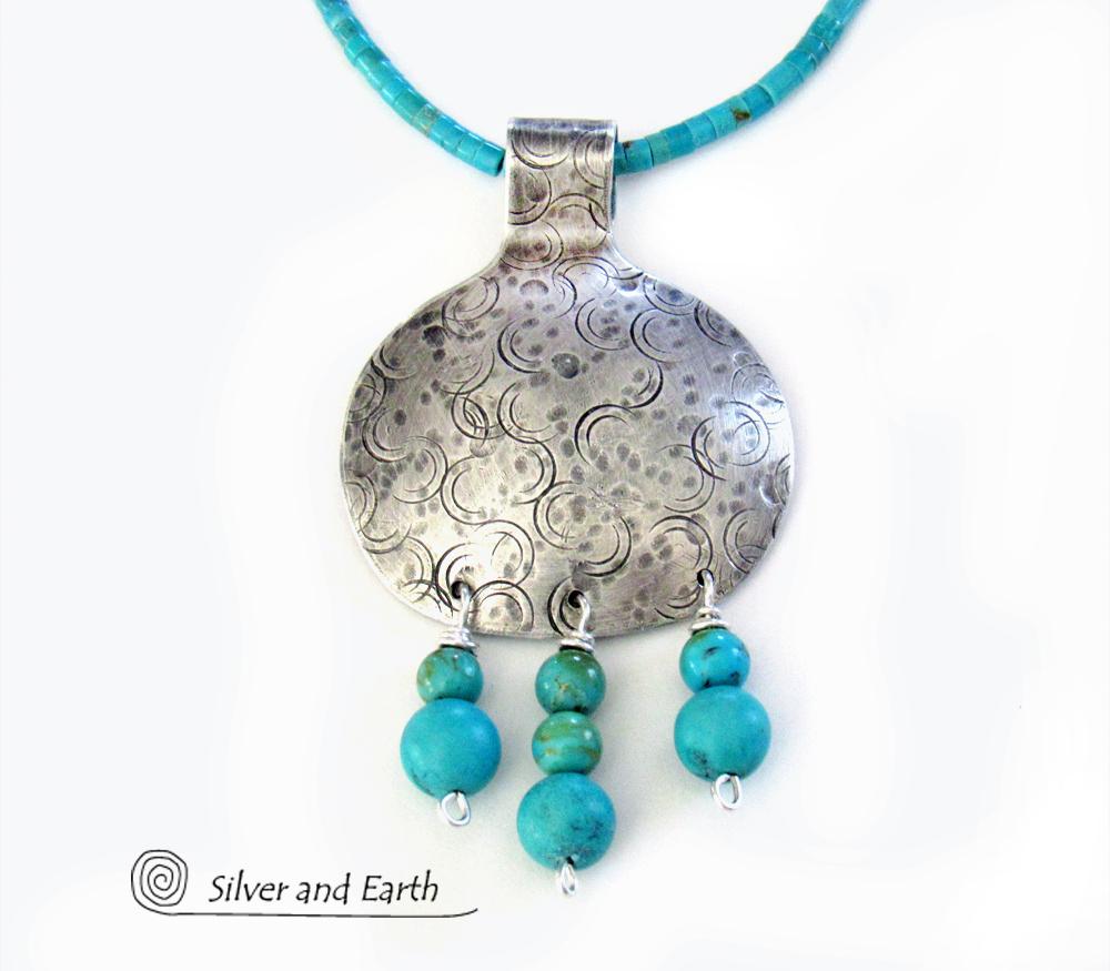 Sterling Silver Necklace with Turquoise Fringe Dangle - Modern Southwest Jewelry