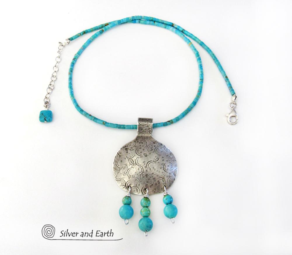 Sterling Silver Necklace with Turquoise Fringe Dangle - Modern Southwest Jewelry