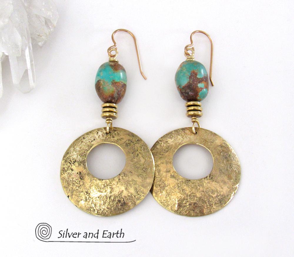 Gold Brass Hoop Earrings with Turquoise Stones - Modern Chic Jewelry