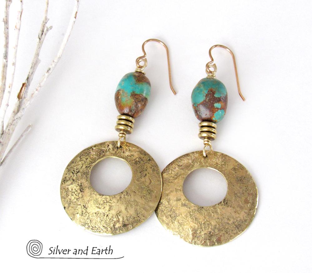 Gold Brass Hoop Earrings with Turquoise Stones - Modern Chic Jewelry