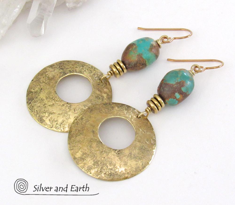 Gold Brass Hoop Earrings with Turquoise Stones - Modern Chic Jewelry