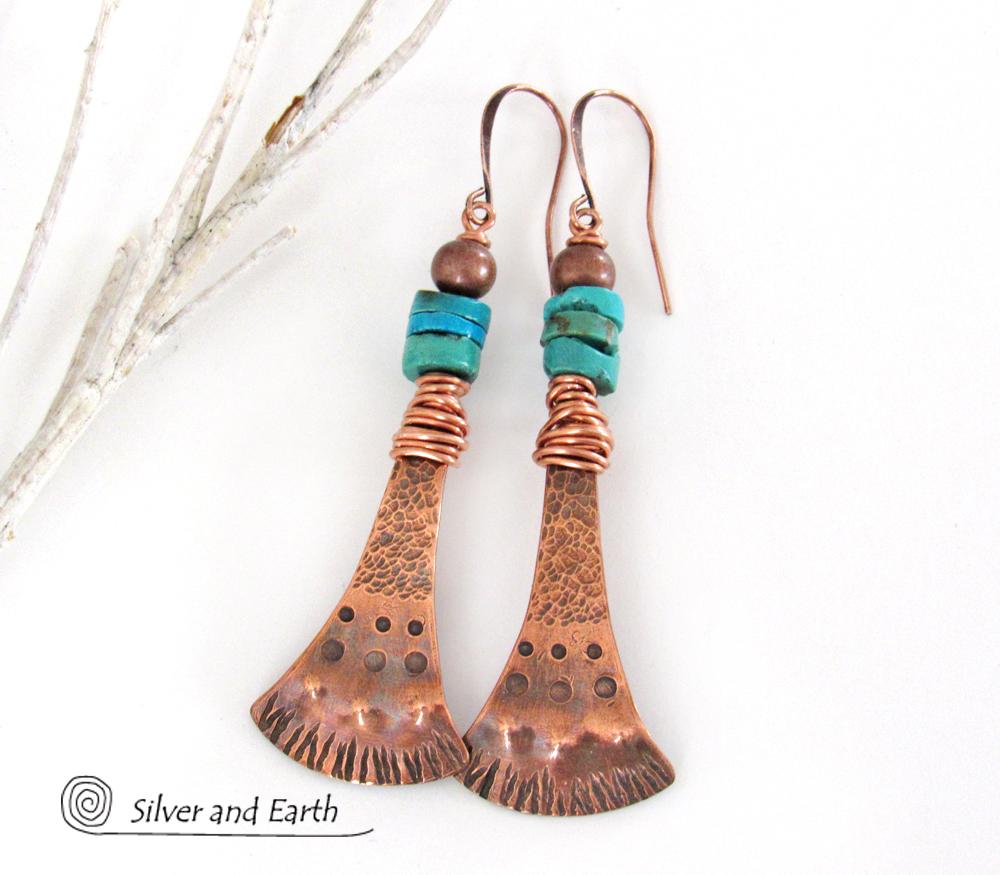 Textured Copper Earrings with Natural Turquoise - Boho Southwestern Jewelry