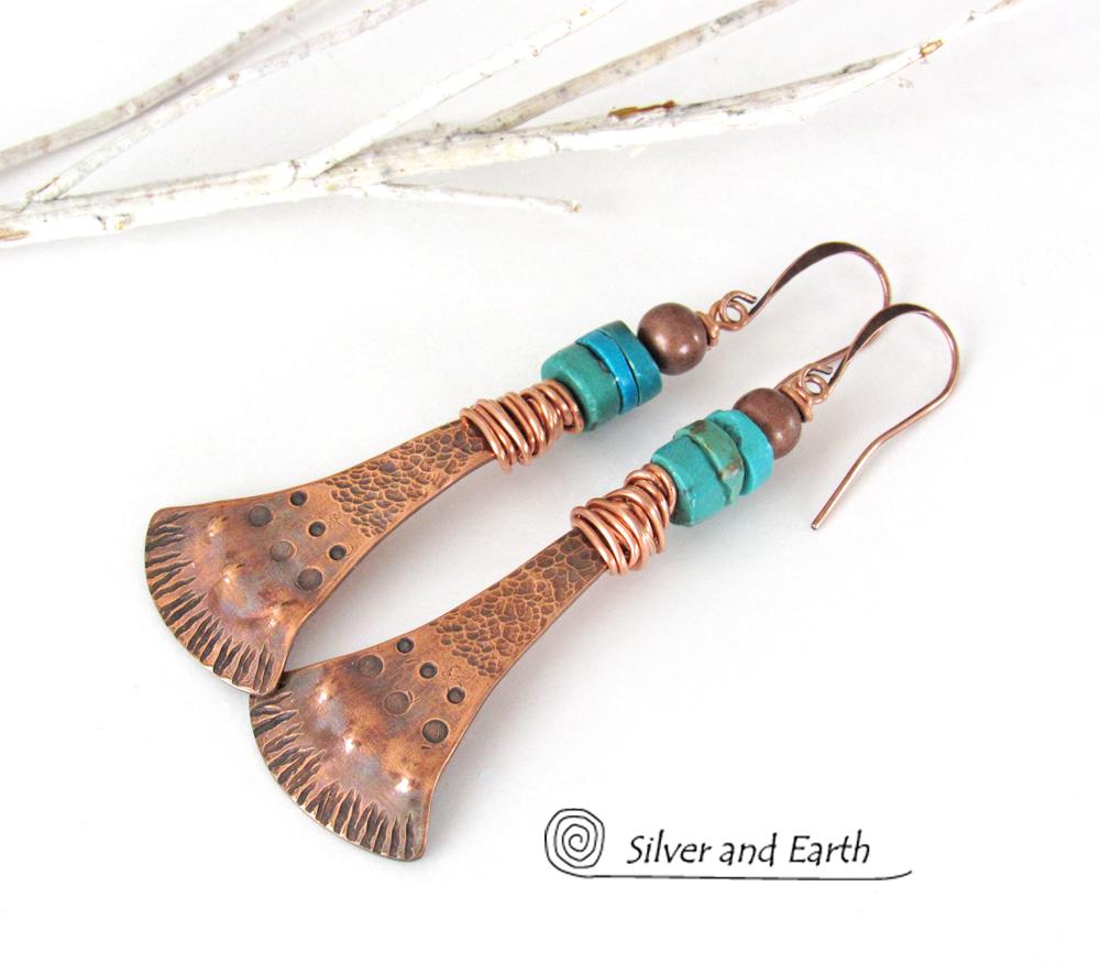 Textured Copper Earrings with Natural Turquoise - Boho Southwestern Jewelry